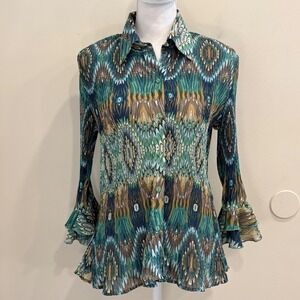 Y2K Essentials By Milano Green Teal Geometric Plissé Pleated Bell Sleeve Top M